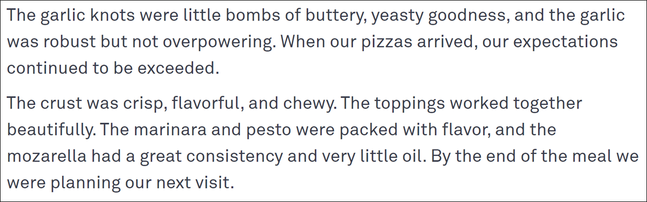 Example of how you describe food in a restaurant review.